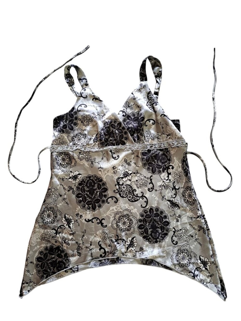 Y2K Anxiety Babydoll Floral Black White Gray Satin Lace Trim Festival Gypsy XL